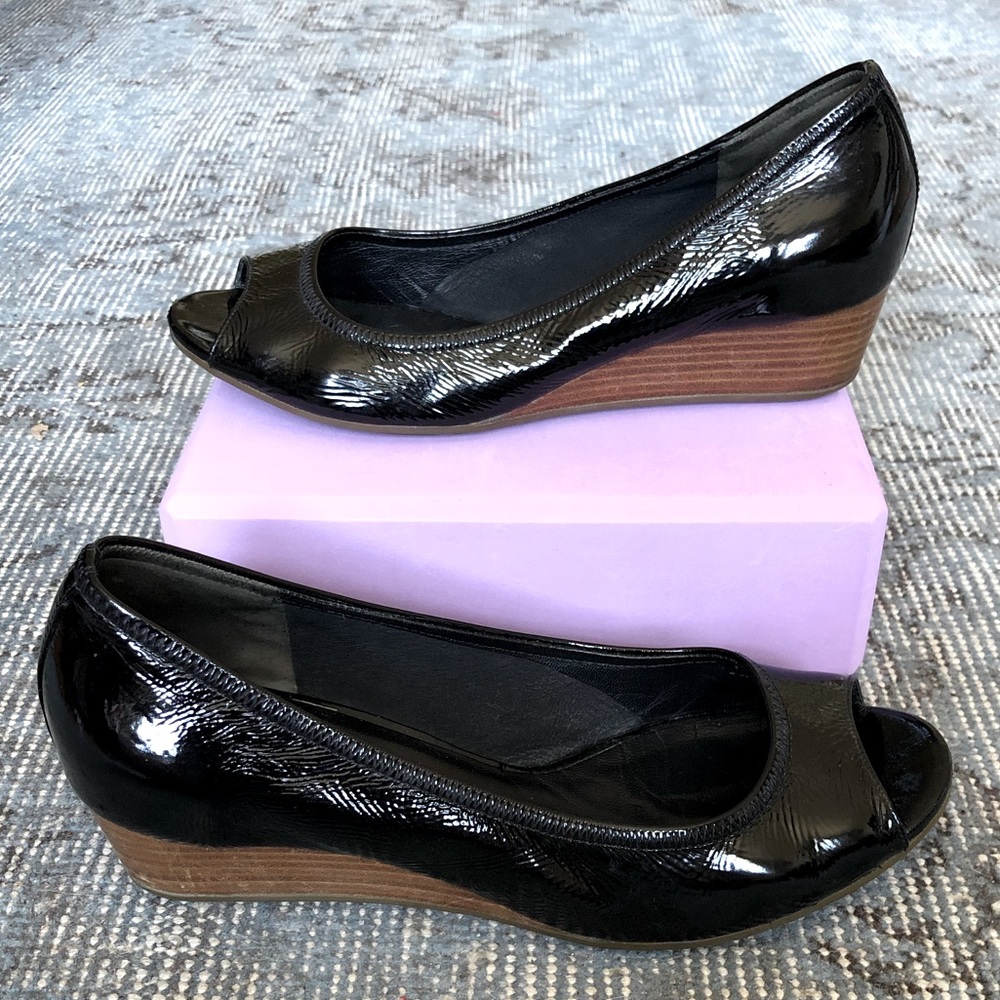 Cole Haan x Nike Air black patent peeptoe wedges 7